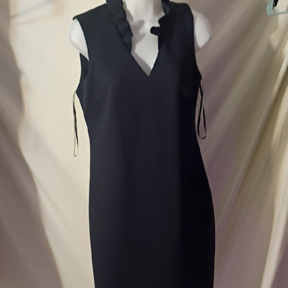 Calvin Klein Black Midi Dress with Ruffle Neckline
